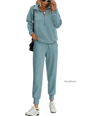 Women's Long Sleeve Half Zip Sweatsuit 2 Piece Set Jogger Pants Tracksuit